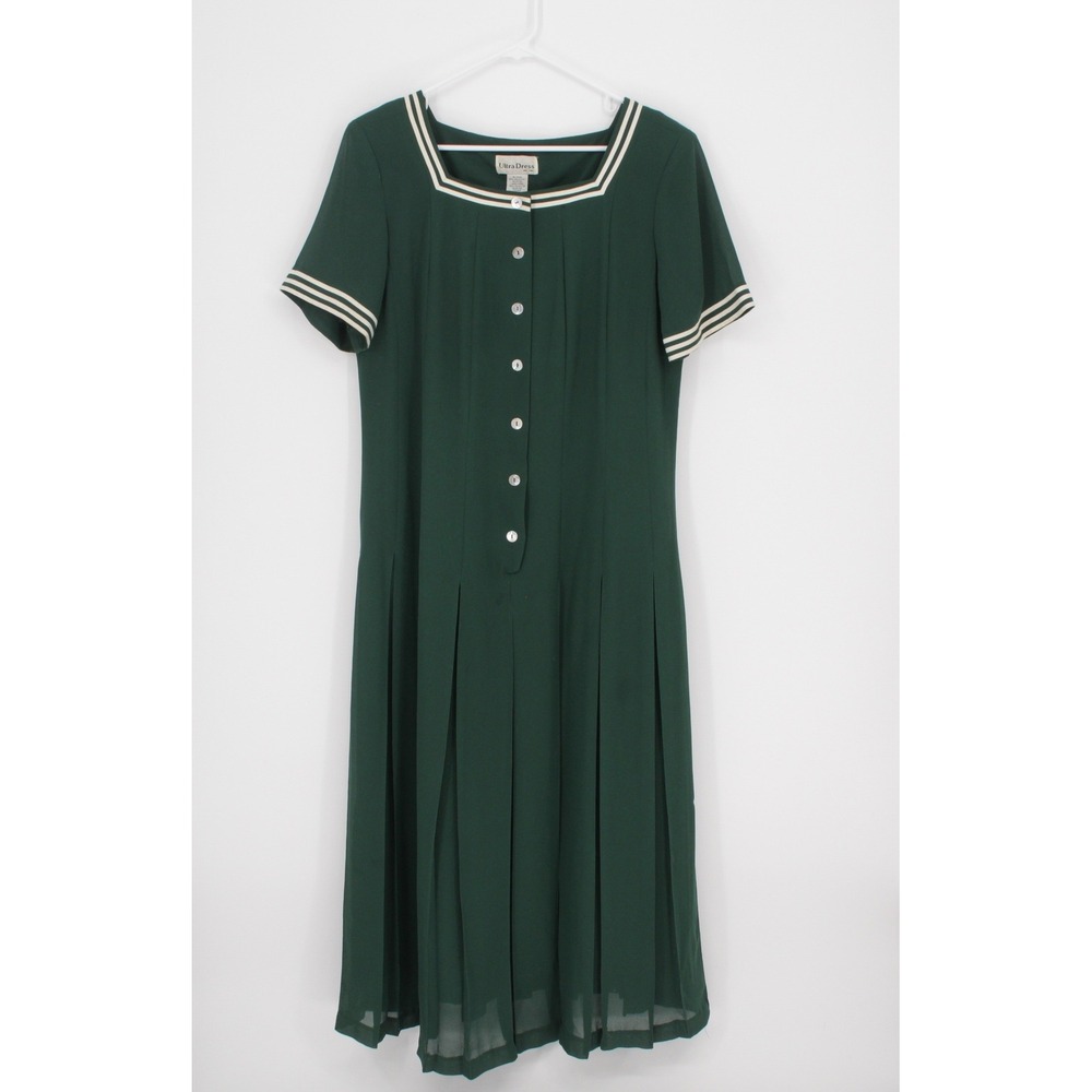 Ultra Dress New York Women's Green Striped Trim Pleated Midi Dress Size 14W
